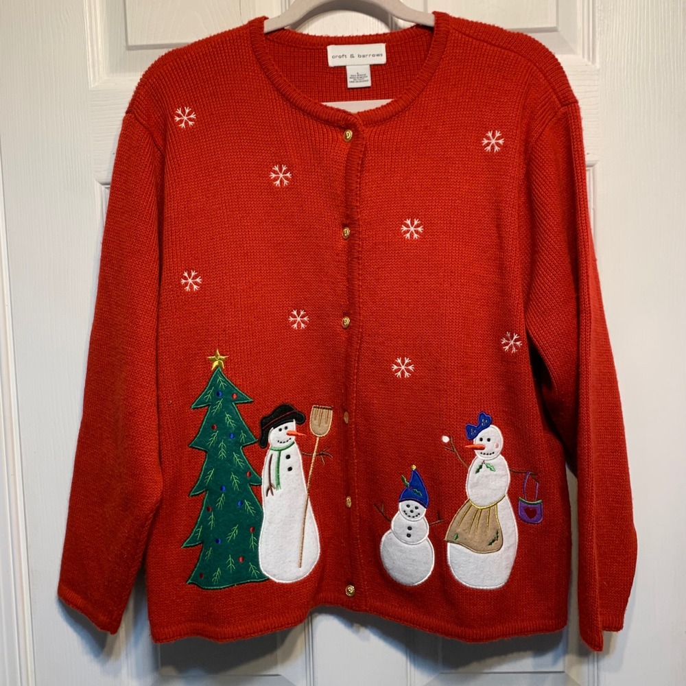 Snowman Christmas Cardigan Size L Red Embroidered Holiday Sweater Grandmacore